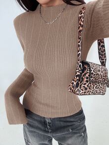 Flirla Women's Fashionable Flare Sleeve Solid Color Round Neck Fitted Sweater, Autumn - Camel - View 5