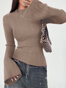 Flirla Women's Fashionable Flare Sleeve Solid Color Round Neck Fitted Sweater, Autumn - Camel - View 1