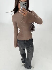 Flirla Women's Fashionable Flare Sleeve Solid Color Round Neck Fitted Sweater, Autumn - Camel - View 4