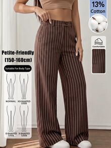 SHEIN PETITE 女款棕色條紋棉混紡直筒長褲：優雅教師褲 - 棕色 - 查看 5