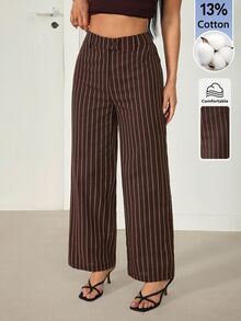 SHEIN PETITE 女款棕色條紋棉混紡直筒長褲：優雅教師褲 - 棕色 - 查看 6
