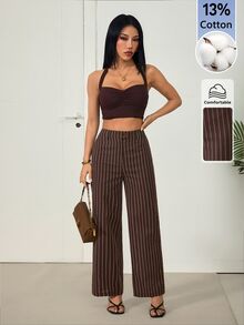 SHEIN PETITE 女款棕色條紋棉混紡直筒長褲：優雅教師褲 - 棕色 - 查看 8