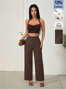 SHEIN PETITE 女款棕色條紋棉混紡直筒長褲：優雅教師褲 - 棕色 - 查看 3
