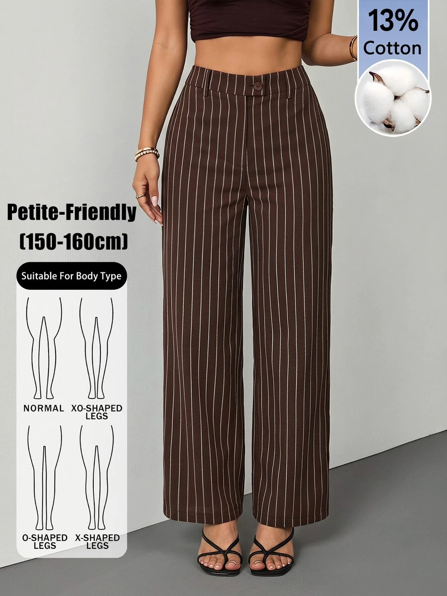 SHEIN PETITE 女款棕色條紋棉混紡直筒長褲:優雅教師褲 - 棕色 - 查看 1