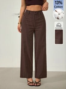 SHEIN PETITE 女款棕色條紋棉混紡直筒長褲：優雅教師褲 - 棕色 - 查看 4