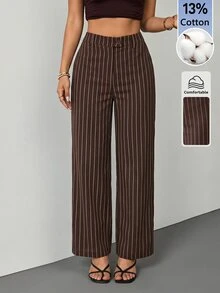 SHEIN PETITE 女款棕色條紋棉混紡直筒長褲：優雅教師褲 - 棕色 - 查看 11