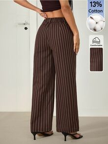 SHEIN PETITE 女款棕色條紋棉混紡直筒長褲：優雅教師褲 - 棕色 - 查看 2