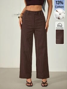 SHEIN PETITE 女款棕色條紋棉混紡直筒長褲：優雅教師褲 - 棕色 - 查看 9