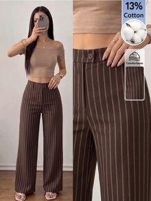 SHEIN PETITE 女款棕色條紋棉混紡直筒長褲：優雅教師褲 - 棕色 - 查看 7