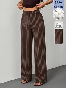 SHEIN PETITE 女款棕色條紋棉混紡直筒長褲：優雅教師褲 - 棕色 - 查看 10