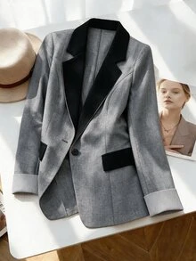 GlowEve CURVE Plus Size Women's Best-Selling Elegant Contrast Color Lapel Blazer, Slimming Minimalist Fit, Striped Cuff Design, Suitable For Daily Versatile Commute, Date, Party, Slimming Single Wear Or Layering - Multicolor - View 1