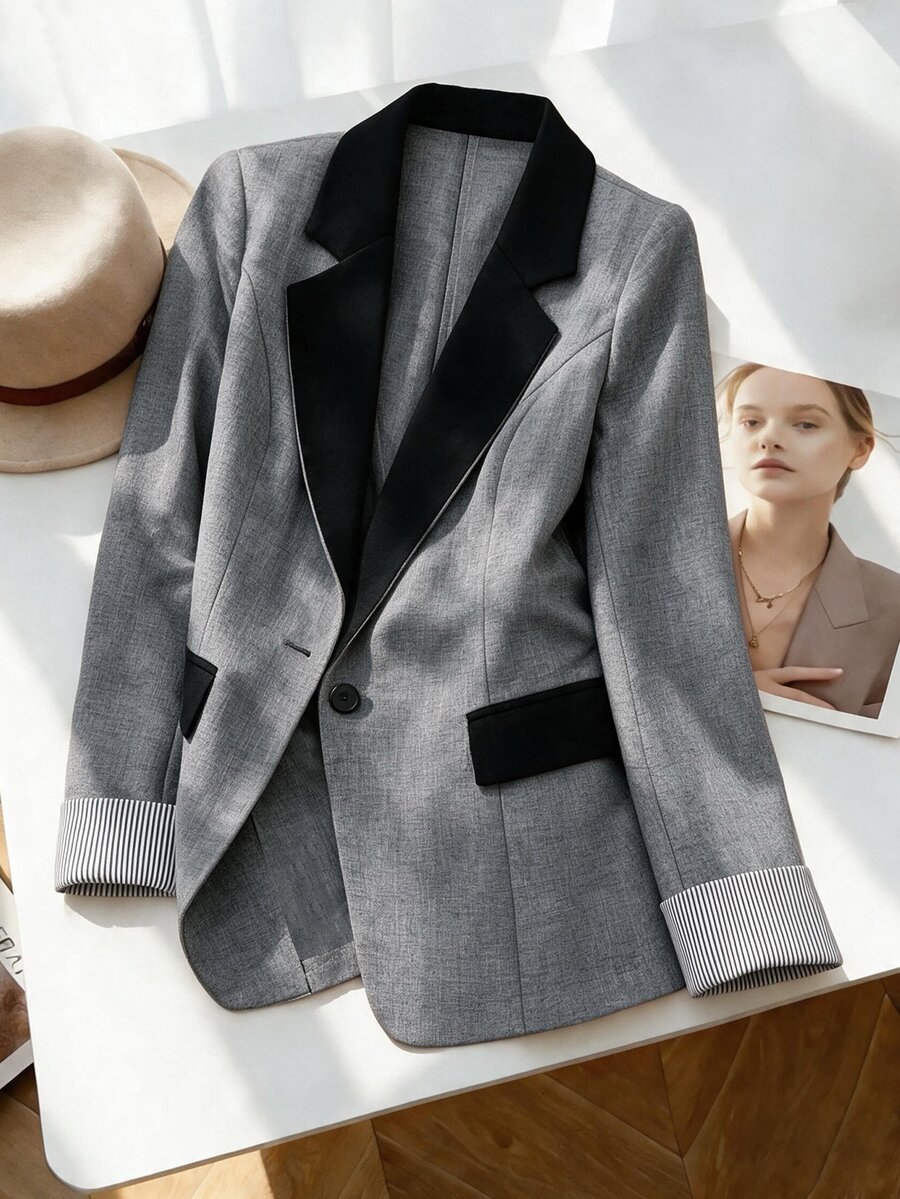 GlowEve CURVE Plus Size Women's Best-Selling Elegant Contrast Color Lapel Blazer, Slimming Minimalist Fit, Striped Cuff Design, Suitable For Daily Versatile Commute, Date, Party, Slimming Single Wear Or Layering - Multicolor - View 1
