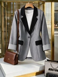 GlowEve CURVE Plus Size Women's Best-Selling Elegant Contrast Color Lapel Blazer, Slimming Minimalist Fit, Striped Cuff Design, Suitable For Daily Versatile Commute, Date, Party, Slimming Single Wear Or Layering - Multicolor - View 4