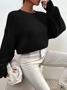 Flirla Solid Ribbed Knit Drop Shoulder Jumper - Black - View 3