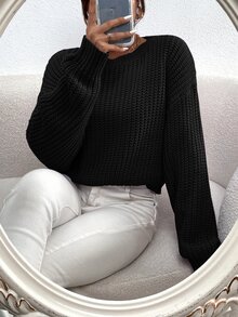 Flirla Solid Ribbed Knit Drop Shoulder Jumper - Black - View 6