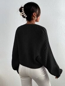 Flirla Solid Ribbed Knit Drop Shoulder Jumper - Black - View 2