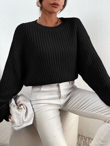 Flirla Solid Ribbed Knit Drop Shoulder Jumper - Black - View 7