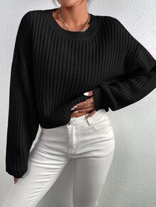 Flirla Solid Ribbed Knit Drop Shoulder Jumper - Black - View 5