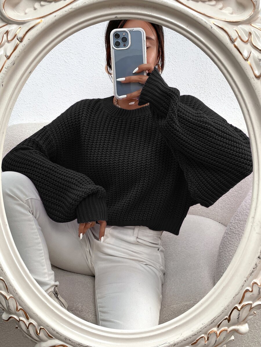 Flirla Solid Ribbed Knit Drop Shoulder Jumper - Black - View 1
