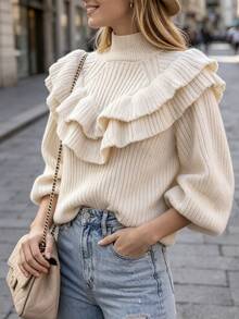 LUMIGAL Sweater Lengan Panjang Wanita Warna Polos dengan Kerah Tegak, Kasual, Serbaguna untuk Pemakaian Sehari-hari - Aprikot - View 4