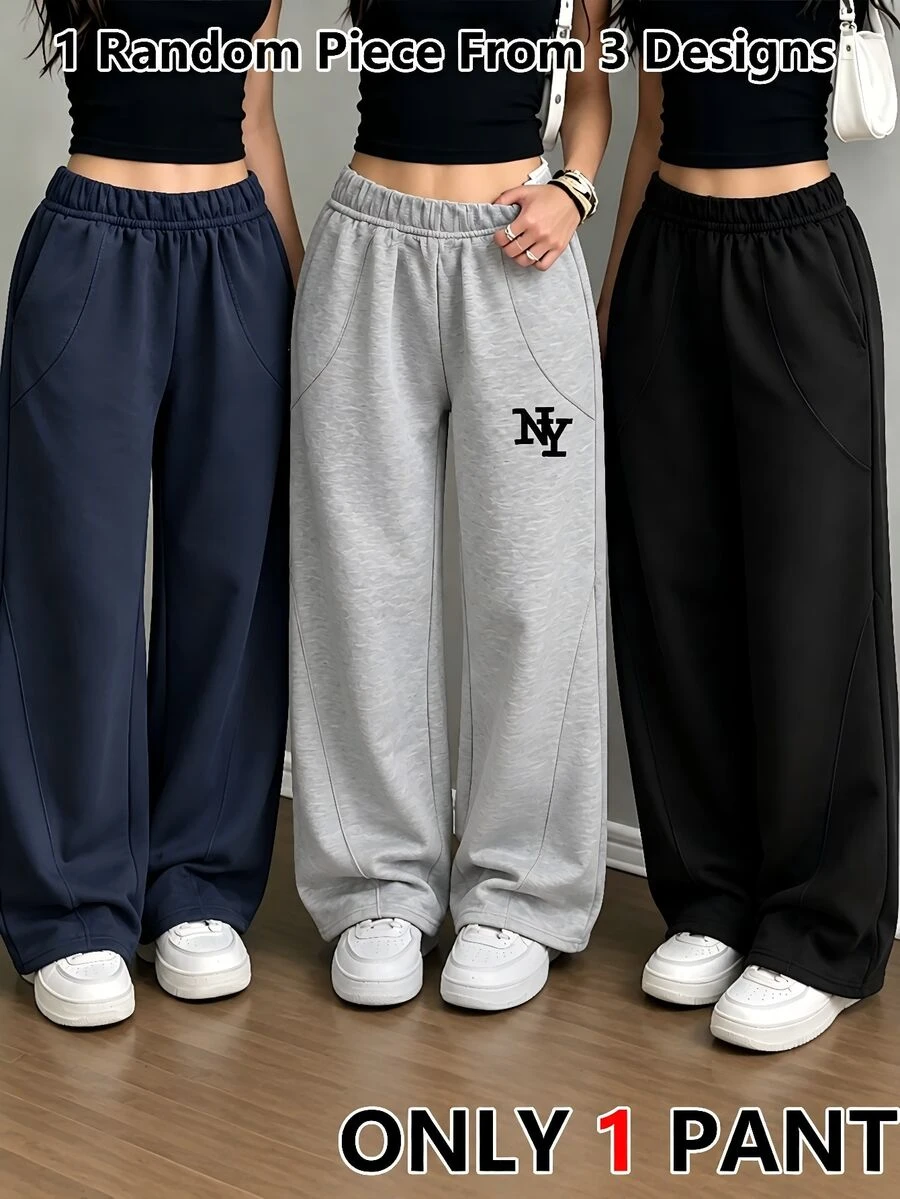 SHEIN Sparklyn Tween Girls Wide Leg English Letter Print Sweatpants, Casual Comfortable For Autumn/Winter Outfit, Fashion Sweat Pants,Cute,1 Random Piece,Minimalist