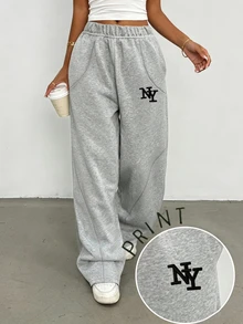 SHEIN Sparklyn Tween Girls Wide Leg English Letter Print Sweatpants, Casual Comfortable For Autumn/Winter Outfit, Fashion Sweat Pants,Cute,1 Random Piece,Minimalist - Grey - View 4