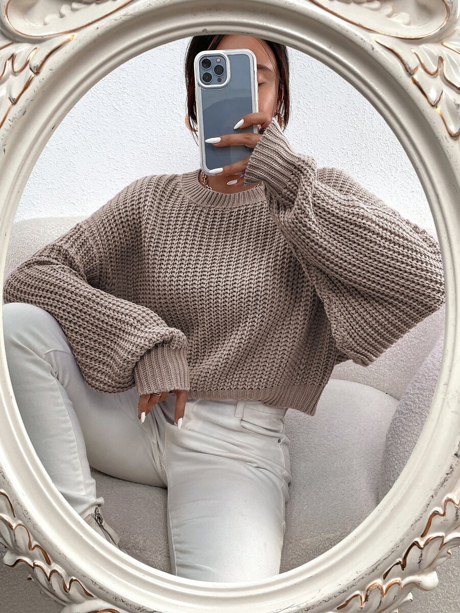 Elamini Solid Ribbed Knit Drop Shoulder Sweater,Long Sleeve Tops Knit Pullover Fall Winter - Khaki - View 1