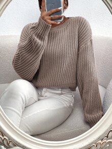 Elamini Solid Ribbed Knit Drop Shoulder Sweater,Long Sleeve Tops Knit Pullover Fall Winter - Khaki - View 4