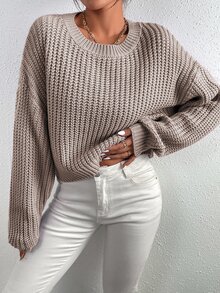 Elamini Solid Ribbed Knit Drop Shoulder Sweater,Long Sleeve Tops Knit Pullover Fall Winter - Khaki - View 3
