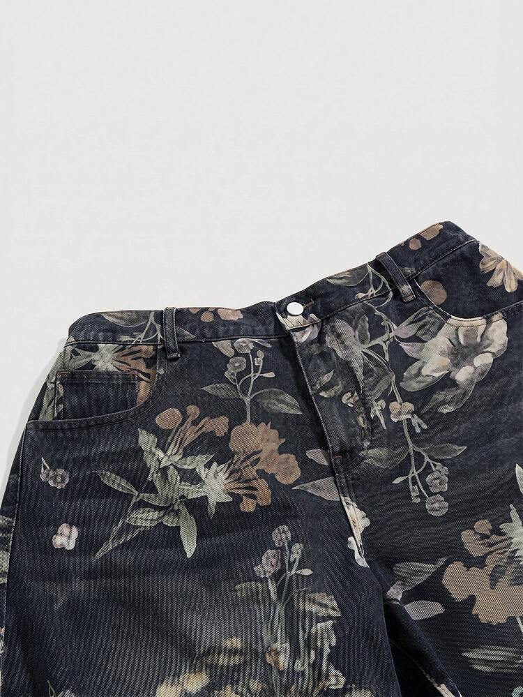 Sweetness Vintage Floral Print Washed Plus Size Women's Loose Wide Leg Denim Capri Pants - Black - View 3