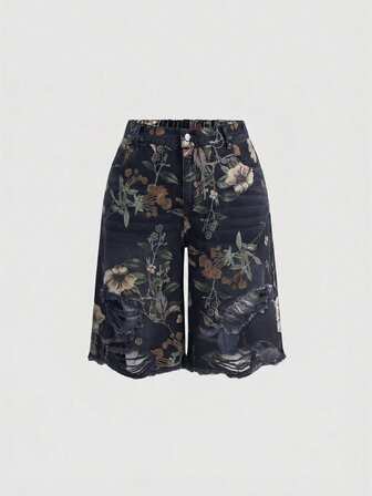 Sweetness Pantaloni Capri in denim lavato con stampa floreale vintage, taglie forti, ampi e a gamba larga per donna