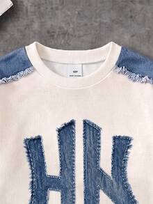 Tween Boys Sweatshirt Set, Main Body Cream White With Denim Blue Patchwork On Shoulders And Sleeves, Denim Effect Lettering On Chest, Ribbed Cuffs And Hem In Original Color, Pants With Multiple Faux Distressed Ripped And Applique Decor, Deep Blue Ribbed Cuffed Hem - Multicolor - View 3