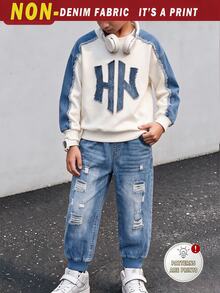 Tween Boys Sweatshirt Set, Main Body Cream White With Denim Blue Patchwork On Shoulders And Sleeves, Denim Effect Lettering On Chest, Ribbed Cuffs And Hem In Original Color, Pants With Multiple Faux Distressed Ripped And Applique Decor, Deep Blue Ribbed Cuffed Hem - Multicolor - View 6