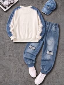 Tween Boys Sweatshirt Set, Main Body Cream White With Denim Blue Patchwork On Shoulders And Sleeves, Denim Effect Lettering On Chest, Ribbed Cuffs And Hem In Original Color, Pants With Multiple Faux Distressed Ripped And Applique Decor, Deep Blue Ribbed Cuffed Hem - Multicolor - View 2