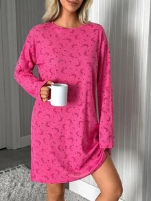 SHEIN فستان نوم كاجوال نسائي من القطن بخطوط وطبعة قمر ونجوم باللون الوردي وأكمام طويلة - وردي - مشاهدة 5