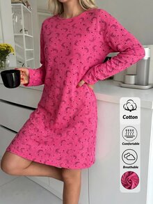 SHEIN فستان نوم كاجوال نسائي من القطن بخطوط وطبعة قمر ونجوم باللون الوردي وأكمام طويلة - وردي - مشاهدة 9