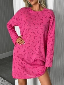 SHEIN فستان نوم كاجوال نسائي من القطن بخطوط وطبعة قمر ونجوم باللون الوردي وأكمام طويلة - وردي - مشاهدة 10