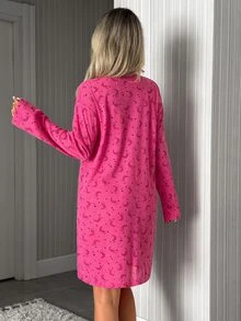 SHEIN فستان نوم كاجوال نسائي من القطن بخطوط وطبعة قمر ونجوم باللون الوردي وأكمام طويلة - وردي - مشاهدة 3