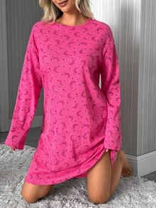 SHEIN فستان نوم كاجوال نسائي من القطن بخطوط وطبعة قمر ونجوم باللون الوردي وأكمام طويلة - وردي - مشاهدة 6