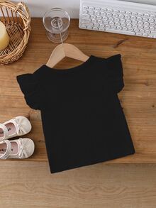 Random 1 Pc Baby Girl Sweet Cute Fruit Floral Heart Pattern Printed Flutter Sleeve Top, Suitable For Summer Casual Minimalist Daily Wear - Black - View 2