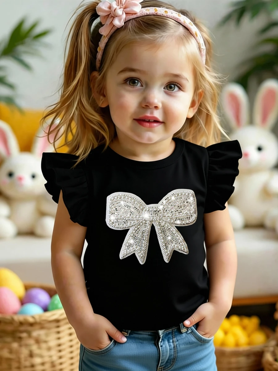 Random 1 Pc Baby Girl Sweet Cute Fruit Floral Heart Pattern Printed Flutter Sleeve Top, Suitable For Summer Casual Minimalist Daily Wear - Black - View 1