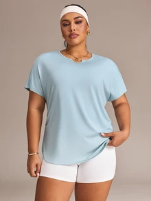 Sweetra Women's Plus Size Solid Color Pleated Casual Versatile Daily Travel Sports T-Shirt - Mint Green - View 1