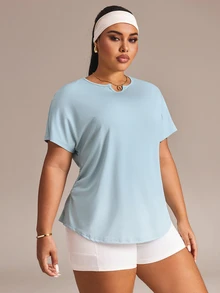 Sweetra Women's Plus Size Solid Color Pleated Casual Versatile Daily Travel Sports T-Shirt - Mint Green - View 4