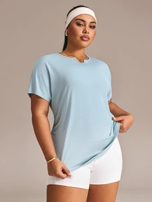 Sweetra Women's Plus Size Solid Color Pleated Casual Versatile Daily Travel Sports T-Shirt - Mint Green - View 5