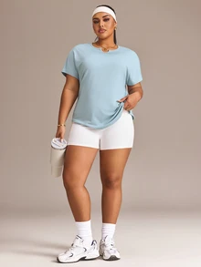 Sweetra Women's Plus Size Solid Color Pleated Casual Versatile Daily Travel Sports T-Shirt - Mint Green - View 2
