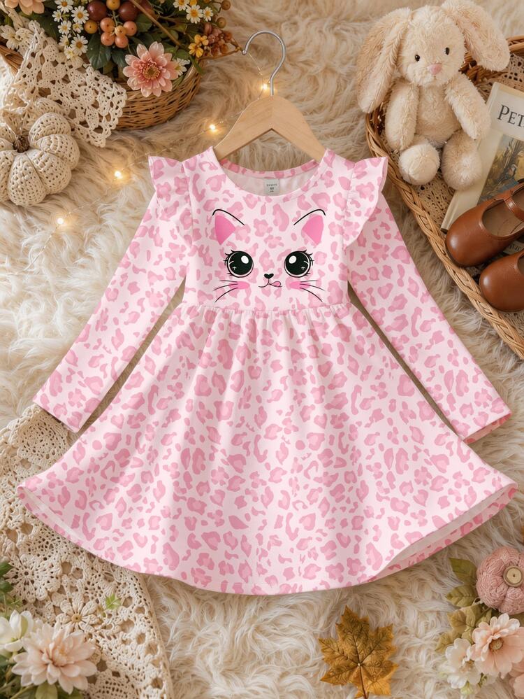 Young Girl Casual Fashion Soft Matte Pink Leopard Print Cute Sweet Cat Pattern Long Sleeve Dress, Suitable For Autumn/Winter Daily Wear, Layering, Pairing With Vest/Jacket, Warm Autumn Vibes, Fashionable Winter, American Street Style, Sweet Cool Lazy, Relaxed Fashion, Girly Style, Halloween, Christmas - Multicolor - View 3