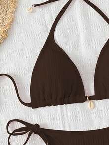 Swim Mod 女款度假海灘優雅紋理串珠掛脖純色泳衣套裝，適合夏季 - 咖啡棕 - 查看 5