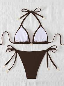 Swim Mod 女款度假海灘優雅紋理串珠掛脖純色泳衣套裝，適合夏季 - 咖啡棕 - 查看 2