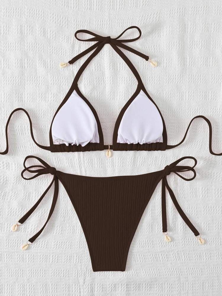 Swim Mod Women Vacation & Beach Elegant Textured Beaded Halter Solid Color Swimwear Set For Summer - Coffee Brown - View 2