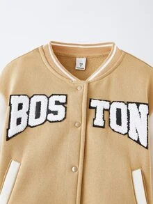 Maija Kids Maija Kids Young Girl Contrast Color Letter Print Long Sleeve Single-Breasted Baseball Jacket,In Fall/Winter - Khaki - View 4